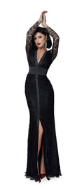 Lace Evening Gown – Satin Tuxedo Detail, Black Tie & Wedding Guest Maxi Dress