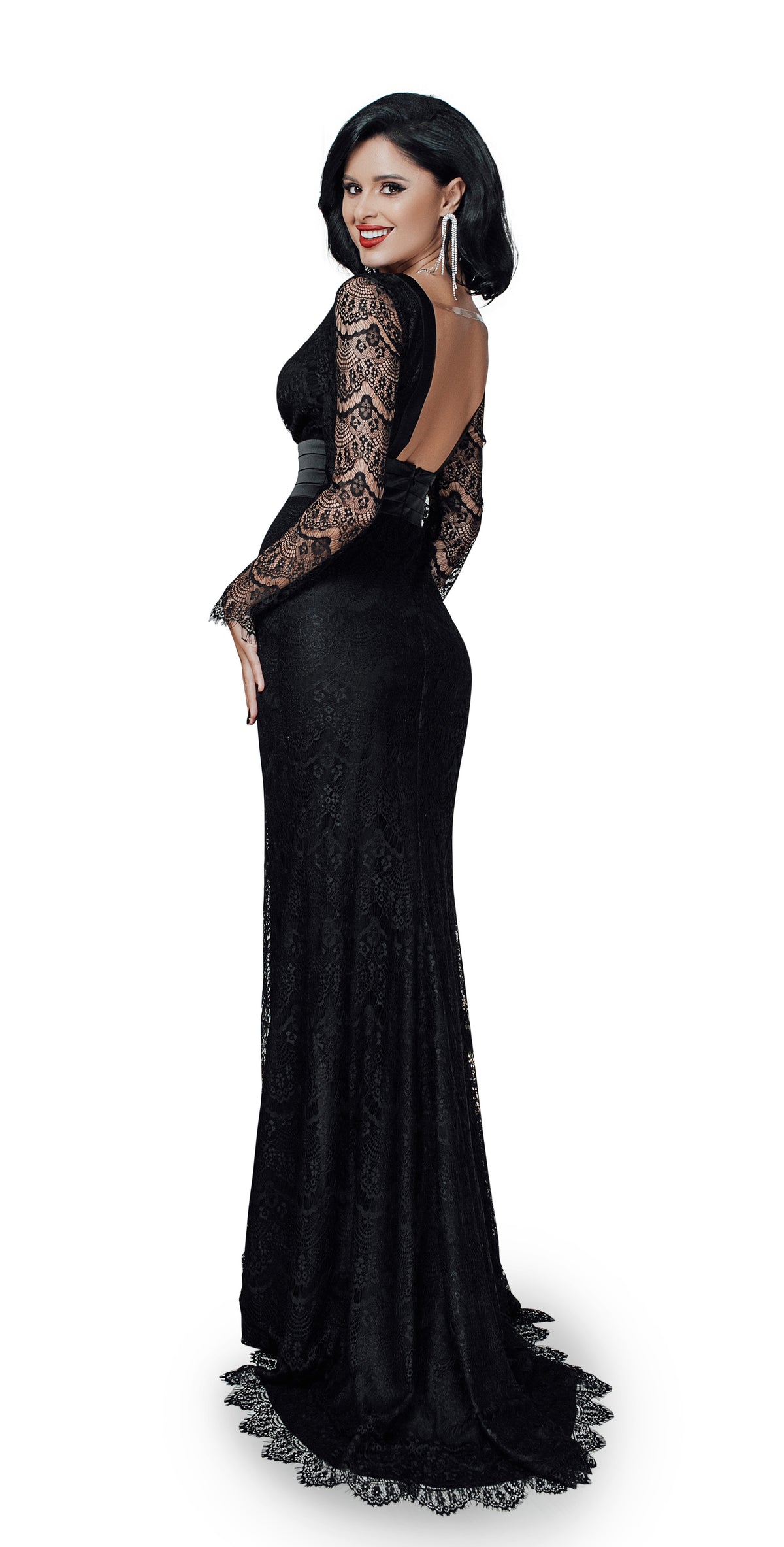 Lace Evening Gown – Satin Tuxedo Detail, Black Tie & Wedding Guest Maxi Dress