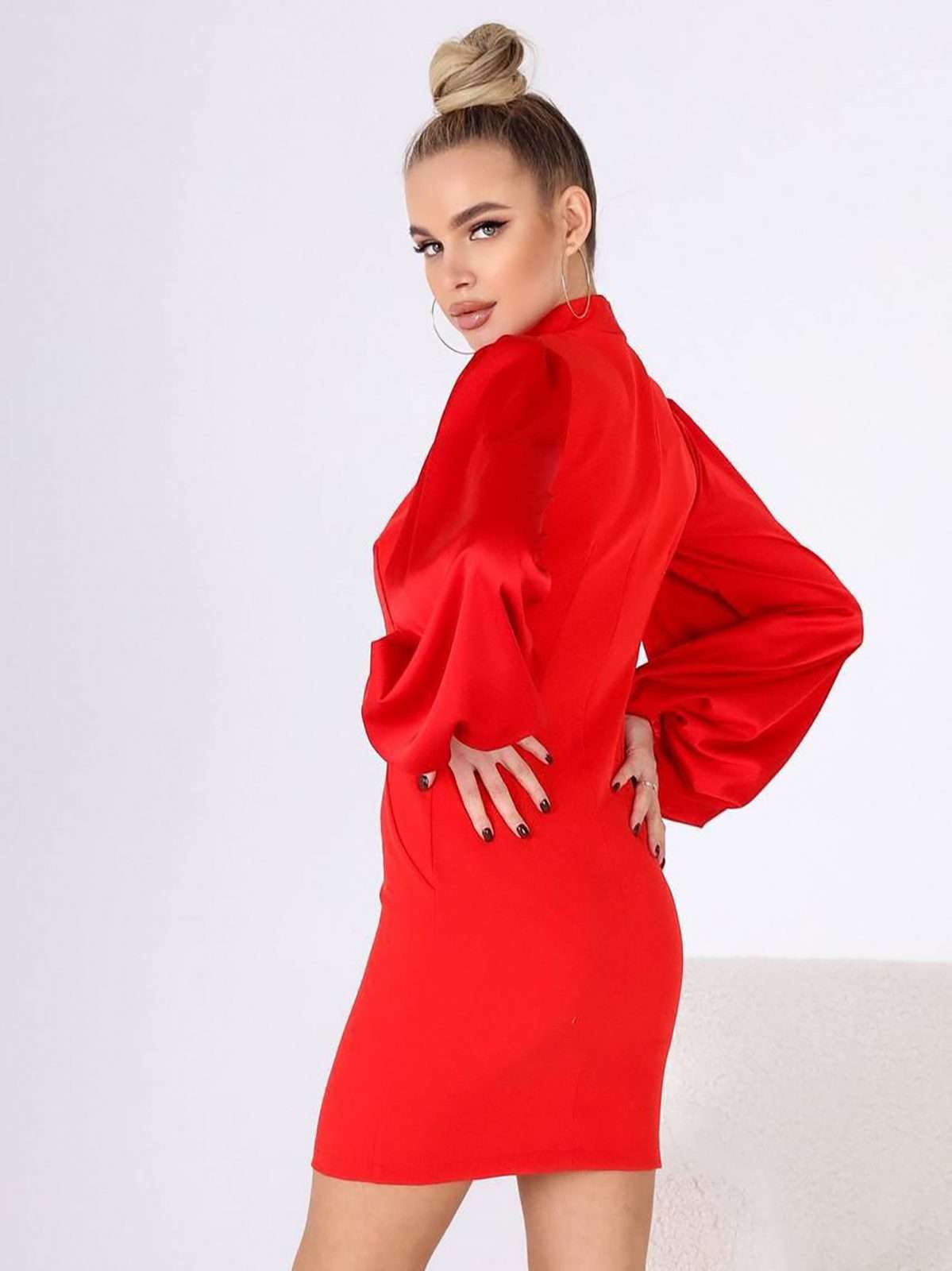 Mock Neck Bodycon Mini Dress – Puffed Satin Sleeves, Evening Party Dress, Going Out Dress XXS-XL