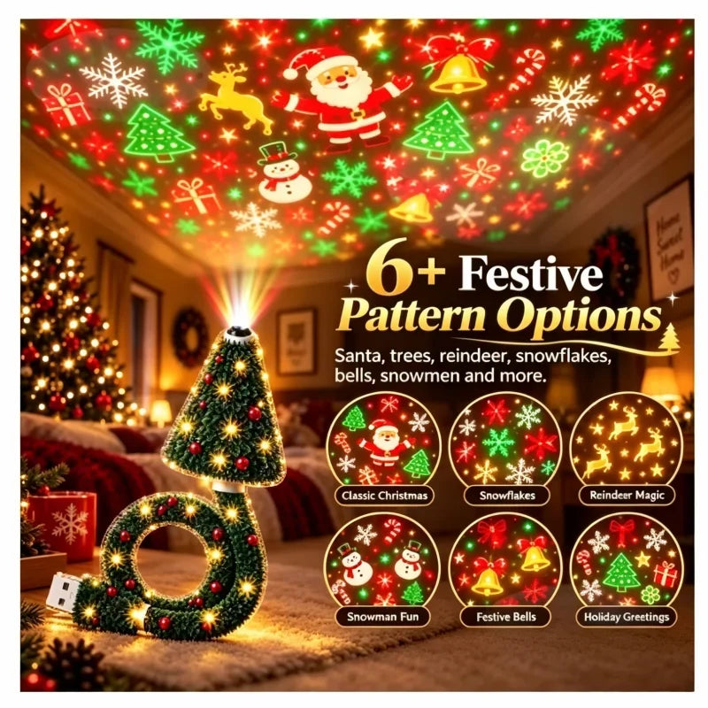 USB Christmas Projector Night Light – 6+ Holiday Patterns, Flexible Tree Lamp, Bedroom & Ceiling Décor