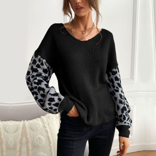 Women's V-Neck Leopard Print Sleeve Sweater – Acrylic, Regular Fit, S-L