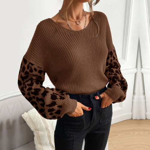 Women's V-Neck Leopard Print Sleeve Sweater – Acrylic, Regular Fit, S-L