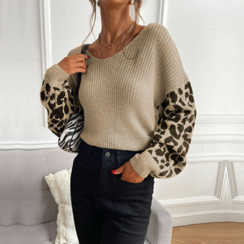 Women's V-Neck Leopard Print Sleeve Sweater – Acrylic, Regular Fit, S-L