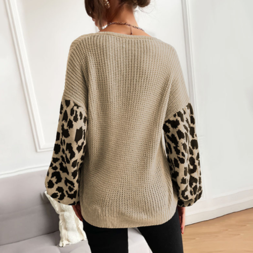 Women's V-Neck Leopard Print Sleeve Sweater – Acrylic, Regular Fit, S-L