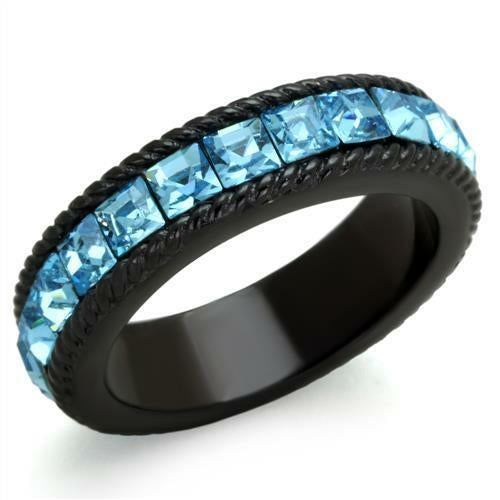 Black Ion Plated Stainless Steel Ring – Sea Blue Crystal, Top Grade, Unisex
